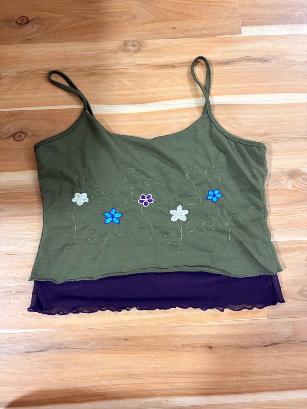 Olive Green Floral Embroidered Cami Tank with Purple Trim
